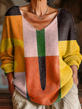 Women's Vintage Geometric Color Block Painting Art Print Casual Pullover Sweater